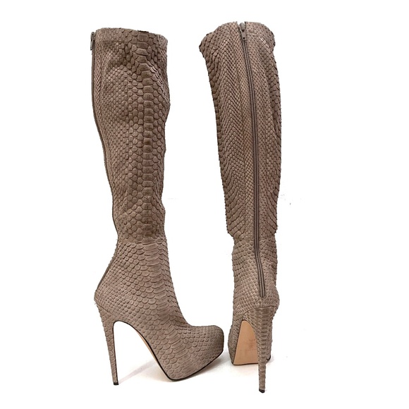 Brian Atwood Stretch Snakeskin Reptile Scale Tall Knee High Stiletto Boots - Picture 4 of 16